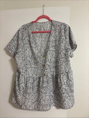 SHEIN White Blouse with Black Spot Print and Button Front